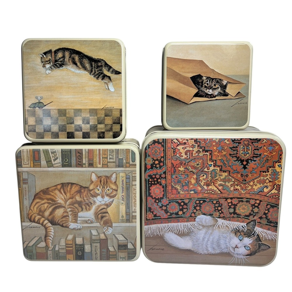 Vtg Lowell Herrero Cat Nesting Tins Set of 4 Square Kittens Collectible 1982